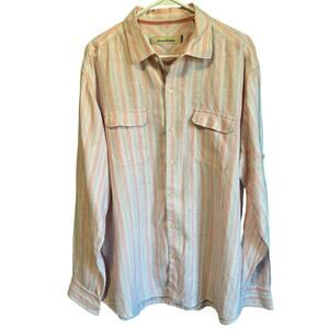 Tommy Bahama Pink & White Linen Long Sleeve Button Down Shirt Men's XL